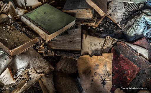 A pile of burnt books that can't teach their lesson any more.